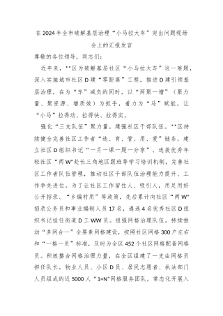 在2024年全市破解基层治理“小马拉大车”突出问题现场会上的汇报发言