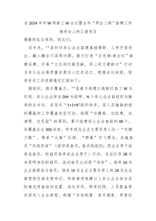 在2024年市委两新工委会议暨全市“两企三新”党建工作推进会上的汇报发言