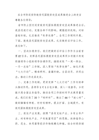 在全市防返贫防致贫巩固脱贫攻坚成果推进会上的发言