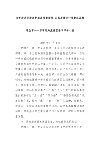 当好改革促进派护航高质量发展 以高质量审计监督纵深推进改革——市审计局党组理论学习中心组