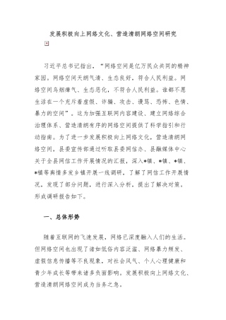 发展积极向上网络文化、营造清朗网络空间研究