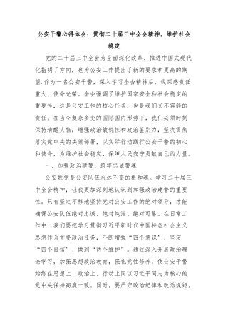 公安干警心得体会：贯彻二十届三中全会精神，维护社会稳定