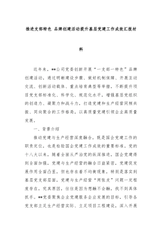 推进支部特色 品牌创建活动提升基层党建工作成效汇报材料