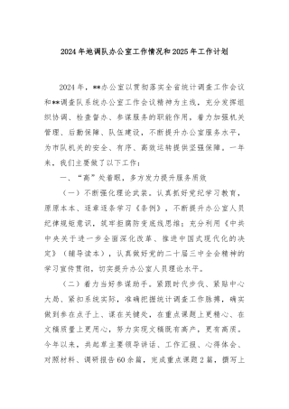 2024年地调队办公室工作情况和2025年工作计划