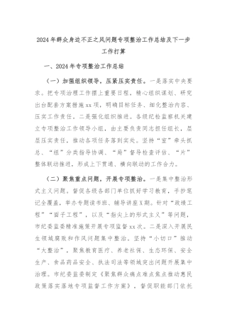 2024年群众身边不正之风问题专项整治工作总结及下一步工作打算