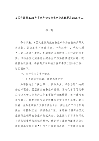 X区文旅局2024年岁末年初安全生产防范部署及2025年工作计划
