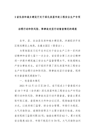 X省住房和城乡建设厅关于深化房屋市政工程安全生产专项治理行动和防风险、降事故攻坚行动督查情况的通报