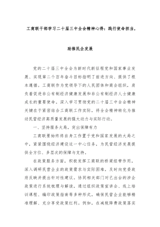 工商联干部学习二十届三中全会精神心得：践行使命担当，助推民企发展
