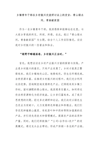 乡镇青年干部在乡村振兴交流研讨会上的发言：青山绿水间，青春献家园