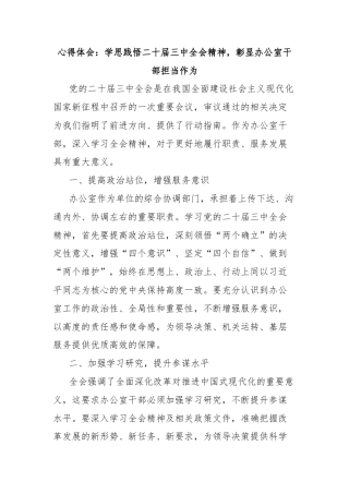 心得体会：学思践悟二十届三中全会精神，彰显办公室干部担当作为