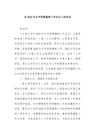 在2025年全市预算编制工作会议上的讲话