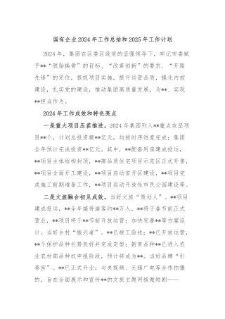 国有企业2024年工作总结和2025年工作计划