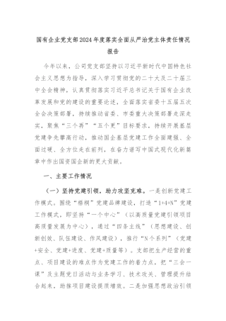 国有企业党支部2024年度落实全面从严治党主体责任情况报告