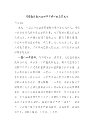 纪检监察机关支部学习研讨班上的发言