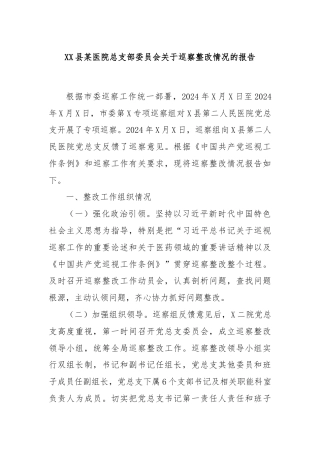 XX县某医院总支部委员会关于巡察整改情况的报告