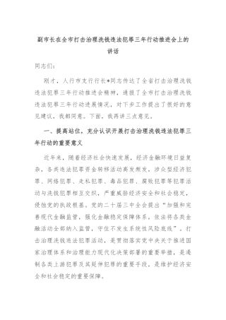 副市长在全市打击治理洗钱违法犯罪三年行动推进会上的讲话
