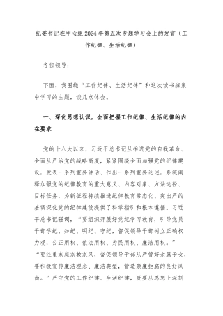 纪委书记在中心组2024年第五次专题学习会上的发言（工作纪律、生活纪律）