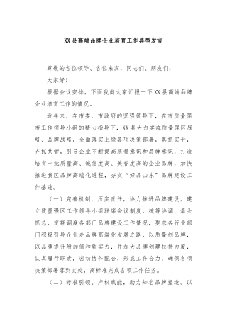 XX县高端品牌企业培育工作典型发言