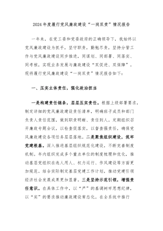 2024年度履行党风廉政建设“一岗双责”情况报告