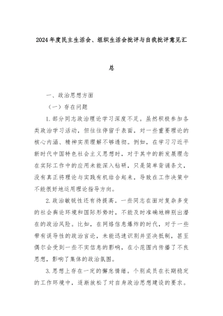 2024年度民主生活会、组织生活会批评与自我批评意见汇总