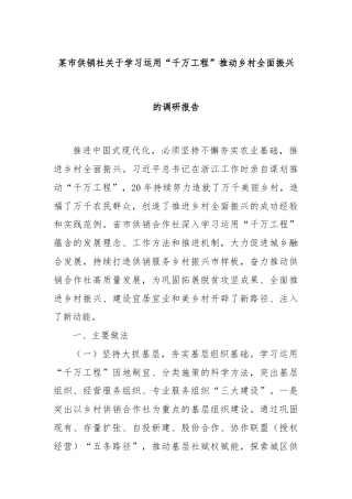 某市供销社关于学习运用“千万工程”推动乡村全面振兴的调研报告