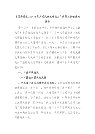 市民委党组2024年落实党风廉政建设主体责任工作情况的报告