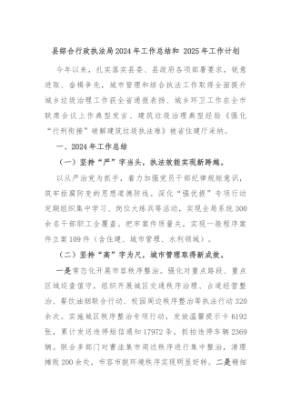 县综合行政执法局2024年工作总结和 2025年工作计划