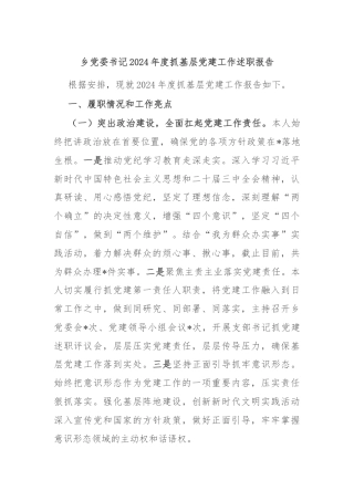 乡党委书记2024年度抓基层党建工作述职报告