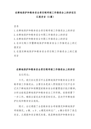 (5篇)在耕地保护和粮食安全责任制考核工作推进会上的讲话及汇报发言