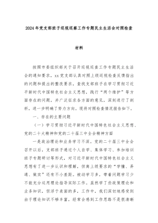 2024年党支部班子巡视巡察工作专题民主生活会对照检查材料