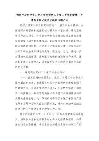妇联中心组发言：学习贯彻党的二十届三中全会精神，为谱写中国式现代化凝聚巾帼之力