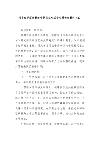 领导班子巡察整改专题民主生活会对照检查材料（2）