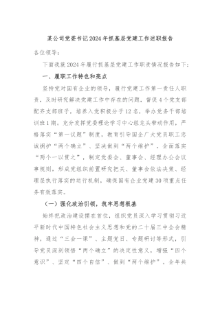 某公司党委书记2024年抓基层党建工作述职报告