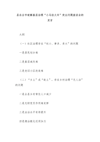 县在全市破解基层治理“小马拉大车”突出问题座谈会的发言