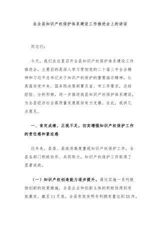 在全县知识产权保护体系建设工作推进会上的讲话