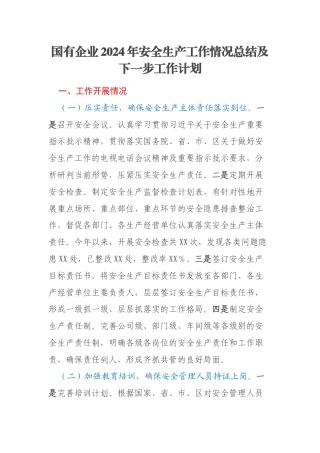 国有企业2024年安全生产工作情况总结及下一步工作计划