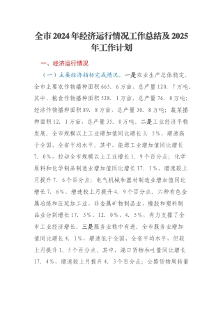 全市2024年经济运行情况工作总结及2025年工作计划