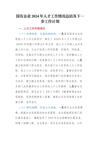 国有企业2024年人才工作情况总结及下一步工作计划