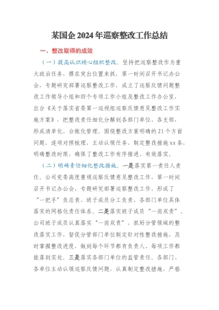 某国企2024年巡察整改工作总结