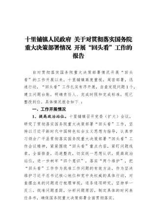 十里铺镇人民政府关于对贯彻落实国务院重大决策部署情况开展“回头看”工作的报告