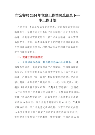 市公安局2024年党建工作情况总结及下一步工作计划