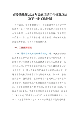 市委统战部2024年民族团结工作情况总结及下一步工作计划