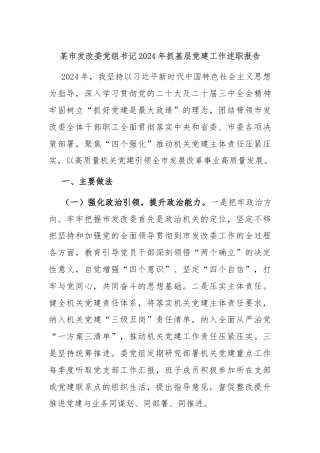 某市发改委党组书记2024年抓基层党建工作述职报告