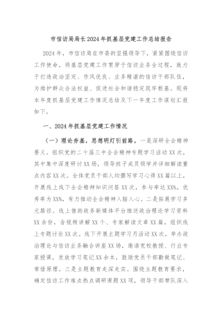 市信访局局长2024年抓基层党建工作总结报告