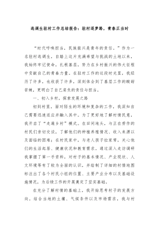 选调生驻村工作总结报告：驻村逐梦路，青春正当时