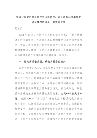 在审计局党组理论学习中心组学习习近平总书记考察重要讲话精神研讨会上的交流发言