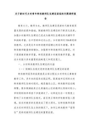 关于新时代乡村青年特岗教师队伍建设面临的问题调研报告