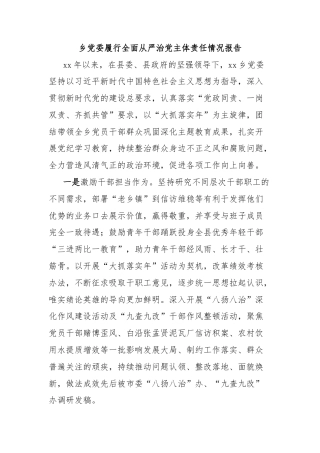 乡党委履行全面从严治党主体责任情况报告