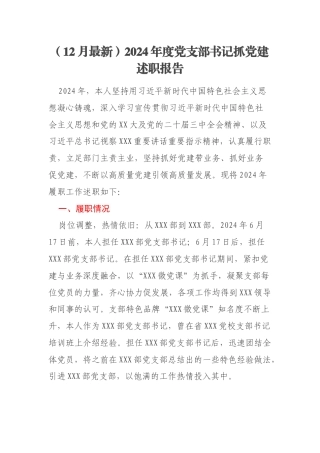 （12月最新）2024年度党支部书记抓党建述职报告