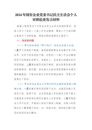 2024年国有企业党委书记民主生活会个人对照检查发言材料